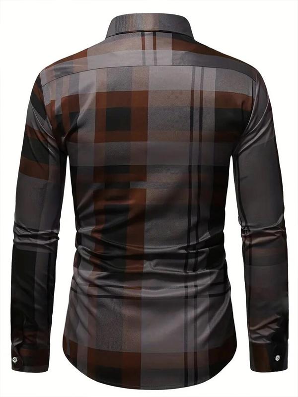 Men's Plaid Print Button Front Shirt, Casual Regular Fit Long Sleeve Collared Top for All Seasons, Fashion Men's Clothes for Daily Wear