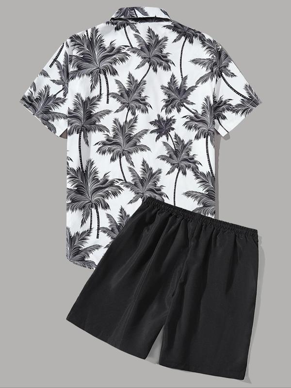 Two-Piece Set Men's Regular Fit Button Front Shirt & Drawstring Shorts Set Without Tee, Summer Clothes Palm Tree Print Hawaiian Shirt & Track Shorts, Summer Beach Casual Short Sleeve Tops & Bottoms for Men