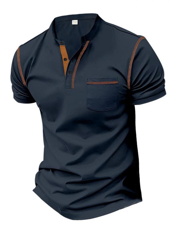 Men's Contrast Binding Short Sleeve Polo Shirt, Casual Regular Fit Button Front Polo Collar Shirt Top for All Seasons, Fashion Men's Clothes for Daily Wear