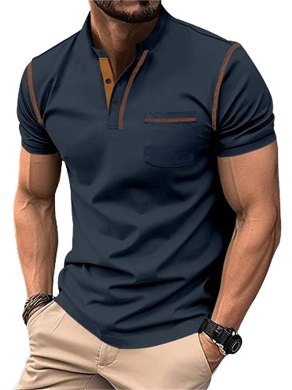 Men's Contrast Binding Short Sleeve Polo Shirt, Casual Regular Fit Button Front Polo Collar Shirt Top for All Seasons, Fashion Men's Clothes for Daily Wear