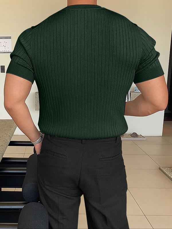 Men's Solid Round Neck Knit Top, Casual Short Sleeve Knitwear for Summer, Fashion Men's Knit Clothing for Daily Wear