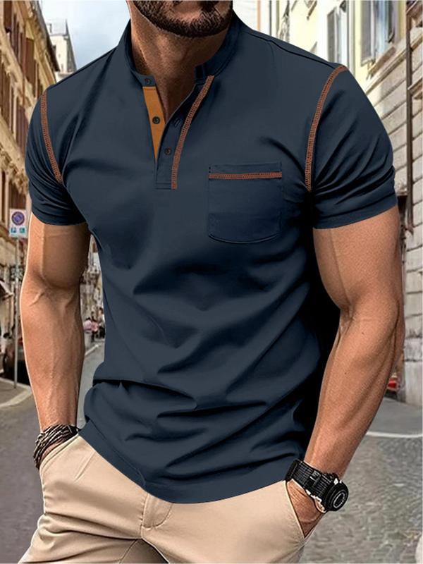 Men's Contrast Binding Short Sleeve Polo Shirt, Casual Regular Fit Button Front Polo Collar Shirt Top for All Seasons, Fashion Men's Clothes for Daily Wear