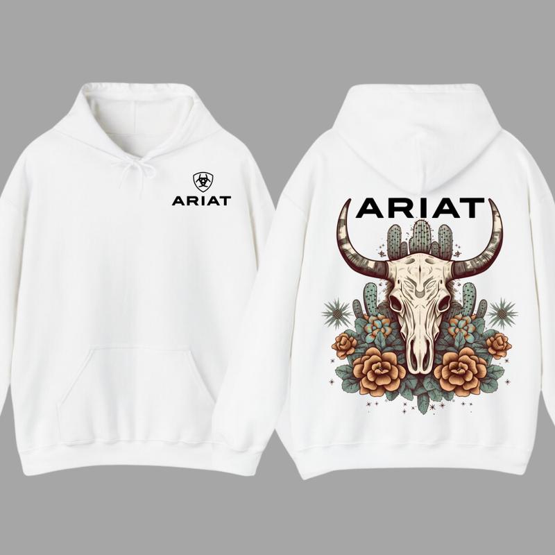 Ariat Hoodie - Bull Skull Design with Cactus Floral Patterns, Unisex Comfort for Outdoor Adventures & Classic Casual Style  Hoodie For Men, For Women