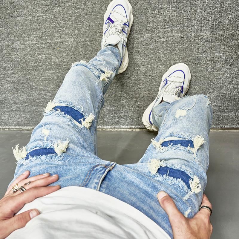 Men's Denim Jeans Street Stylish Men Holes Patch Skinny Pencil Jeans Pants Male Ripped Solid Slim Denim Trousers For Man Menswear Underwear Human Streetwear Pocket Beige Plain