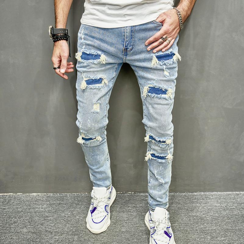 Men's Denim Jeans Street Stylish Men Holes Patch Skinny Pencil Jeans Pants Male Ripped Solid Slim Denim Trousers For Man Menswear Underwear Human Streetwear Pocket Beige Plain