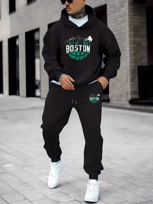 Men's Letter and Basketball Print Pocket Hoodie & Drawstring Waist Sweatpants Two-piece Set, Regular Fit Casual Long Sleeve Hooded Top & Jogger Pants for Fall & Winter, Men's Two-piece Outfits for Daily Wear