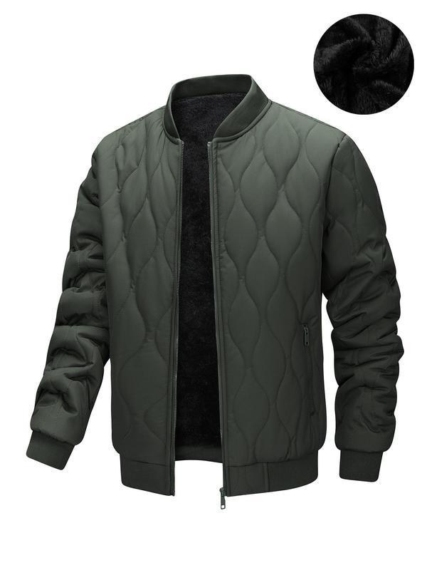 Men's Solid Color Quilted Zip Up Jacket, Loose Casual Long Sleeve Mock Neck Outerwear for Fall & Winter, Men's Clothes for Daily Wear