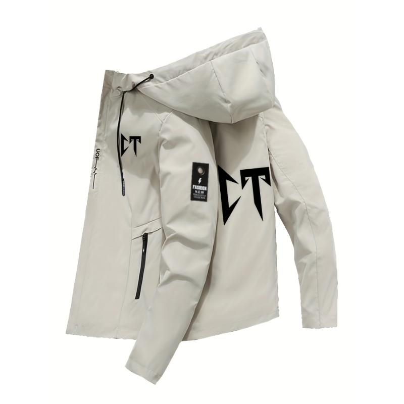 Men's Stylish Letters Print Hooded Windbreaker Jacket with Drawstrings - Outdoor Sports Coat for Men Menswear Sleeve