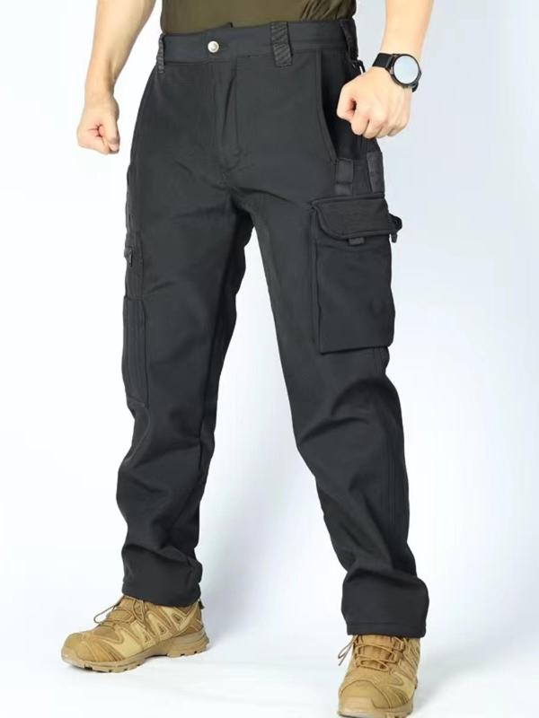 Men's Solid Pocket Button Fly Cargo Pants, Regular Fit Casual Waterproof Windproof Trousers for Outdoor Activities, Pants for Men, Men's Sportswear for Winter & Autumn