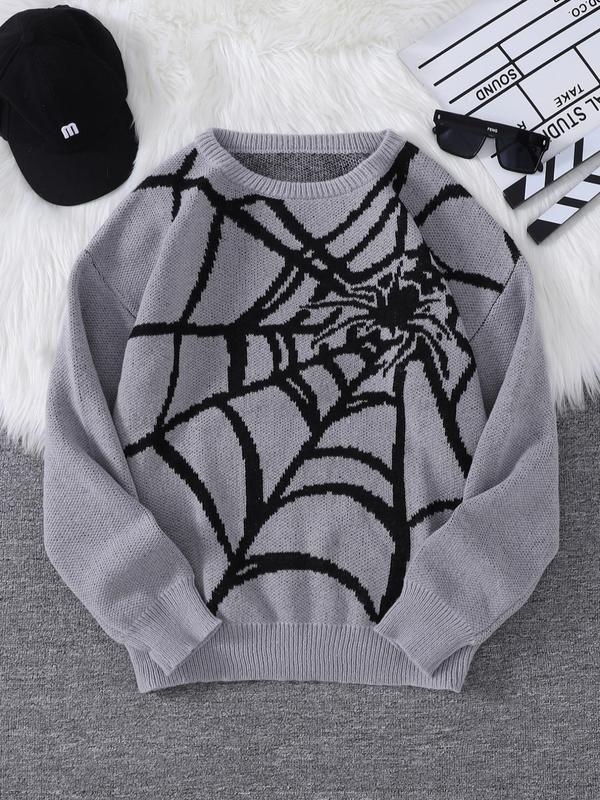 Men's Spider Web Pattern Round Neck Y2K Sweater, Fall Outfits 2024, Regular Fit Casual Drop Shoulder Long Sleeve Jumper for Spring & Fall, Fashion Men's Knitwear for Daily Wear, Fall Outfits