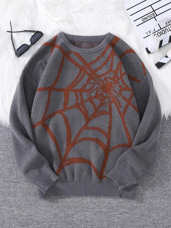 Men's Spider Web Pattern Round Neck Y2K Sweater, Fall Outfits 2024, Regular Fit Casual Drop Shoulder Long Sleeve Jumper for Spring & Fall, Fashion Men's Knitwear for Daily Wear, Fall Outfits