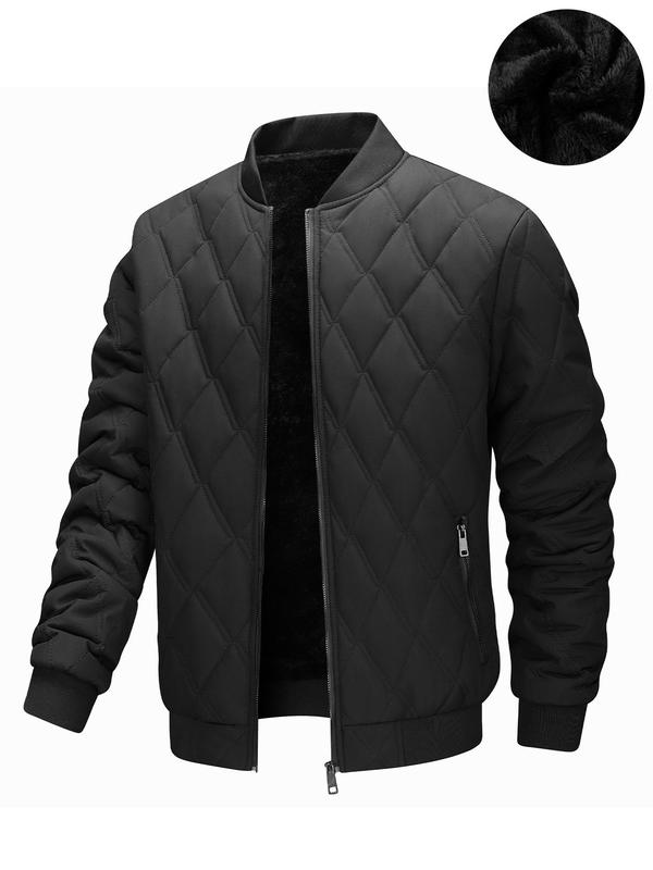 Men's Solid Color Quilted Zip Up Jacket, Loose Casual Long Sleeve Mock Neck Outerwear for Fall & Winter, Men's Clothes for Daily Wear