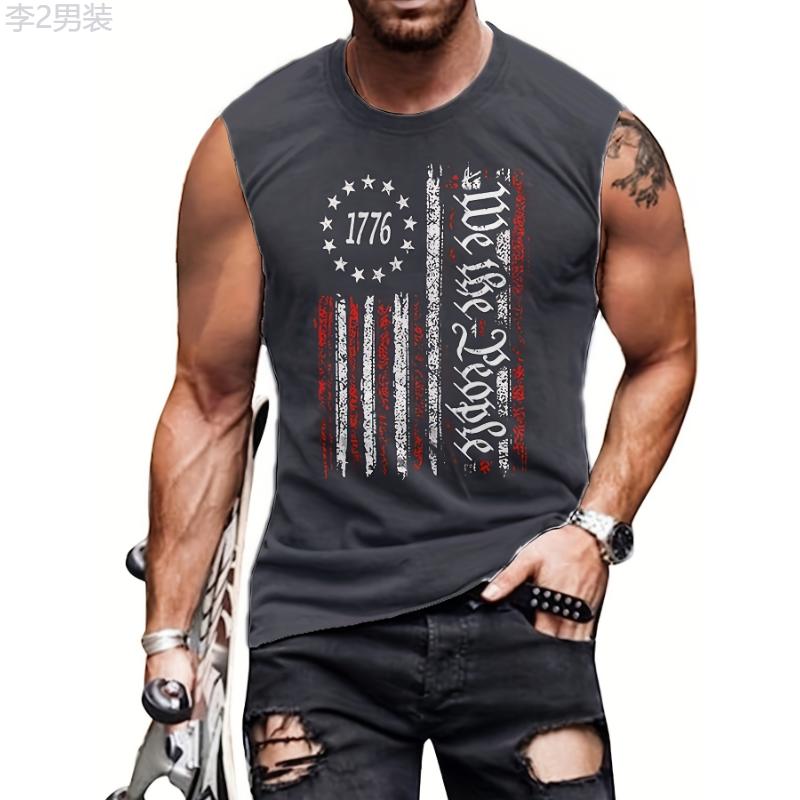 Stylish Summer Men's Tank Top - American Flag Design, Stretchy, Durable Fabric, Crew Neck, Perfect for Indoor & Outdoor Collar Menswear