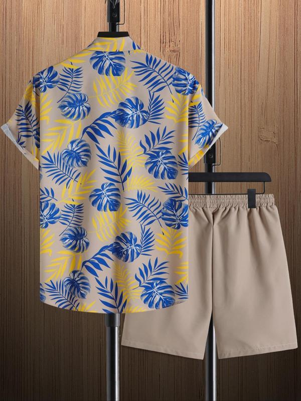 Two-Piece Set Men's Leaf Print Button Front Shirt & Drawstring Waist Shorts Set, Regular Fit Casual Short Sleeve Shirt & Pocket Shorts, Men's Summer Clothes Set for Daily Wear