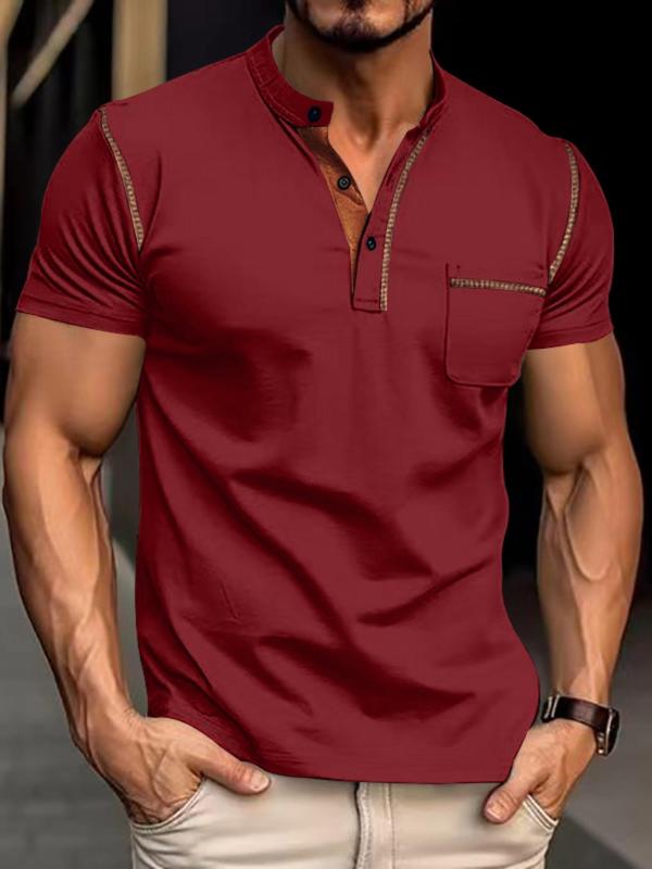 Men's Regular Fit Plain Pocket Button Front Polo Shirt, Casual Short Sleeve Mock Neck Top for Spring & Fall, Fashion Men's Clothes for Daily Wear