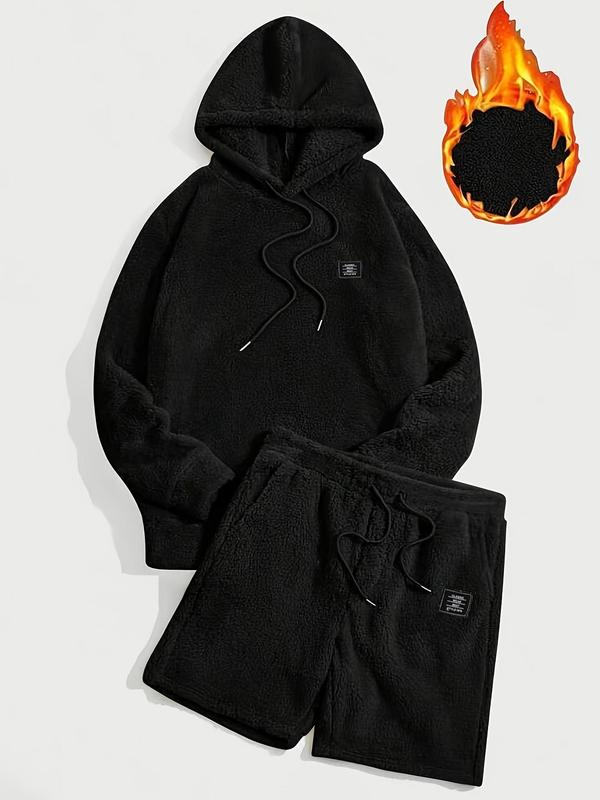 Men's Solid Drawstring Hoodie & Pocket Shorts Plush Set, Regular Fit Casual Long Sleeve Hooded Sweatshirt & Shorts, Men's Fall & Winter Clothes