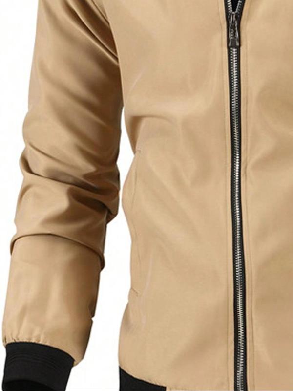 Men's Solid Zip Up Bomber Jacket, Regular Fit Casual Fashion Windproof Long Sleeve Mock Neck Outerwear for Spring & Fall, Men's Clothes for Daily Wear