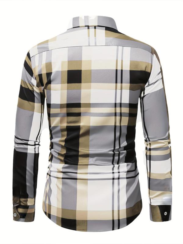 Men's Plaid Print Button Front Shirt, Casual Regular Fit Long Sleeve Collared Top for All Seasons, Fashion Men's Clothes for Daily Wear