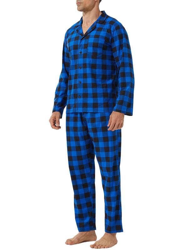 Men's Plaid Print Lapel Neck Pocket Lounge Shirt & Pants Lounge Set, Regular Fit Casual Comfy Long Sleeve Top & Trousers PJ Set, Men's Sleepwear for All Seasons