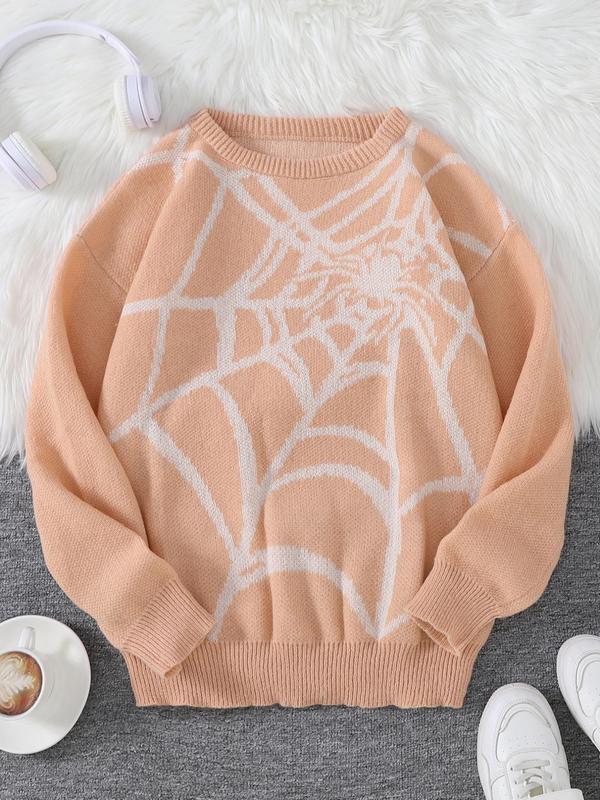 Men's Spider Web Pattern Round Neck Y2K Sweater, Fall Outfits 2024, Regular Fit Casual Drop Shoulder Long Sleeve Jumper for Spring & Fall, Fashion Men's Knitwear for Daily Wear, Fall Outfits