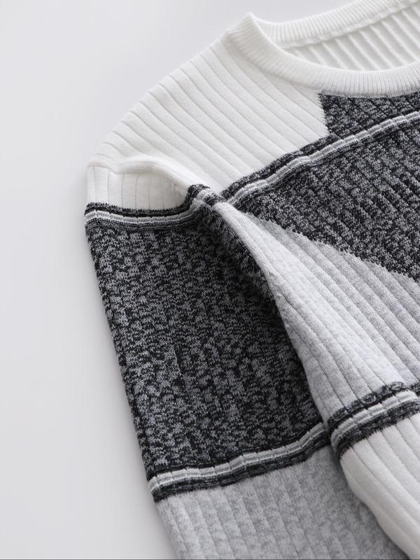 Men's Colorblock Geometric Print Drop Shoulder Sweater, Casual Regular Fit Long Sleeve Round Neck Jumper for Fall & Winter, Fashion Men's Knitwear for Daily Wear