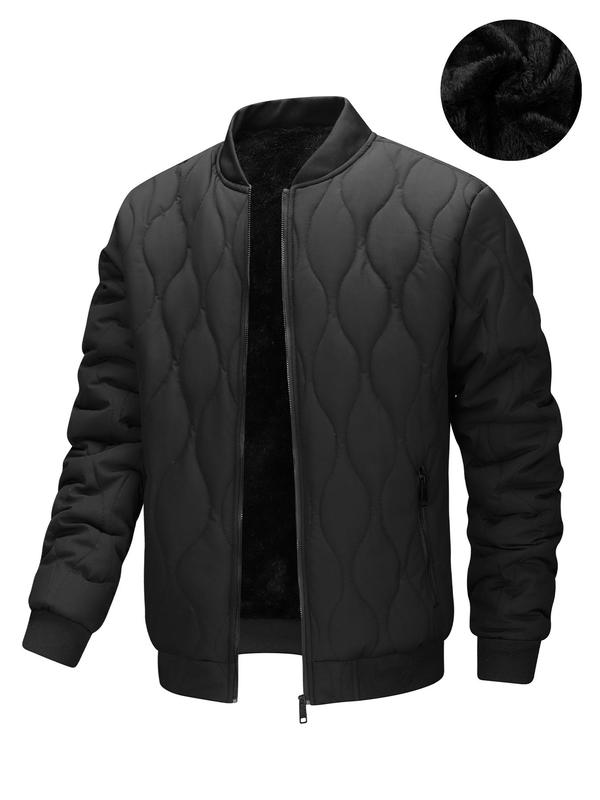 Men's Solid Color Quilted Zip Up Jacket, Loose Casual Long Sleeve Mock Neck Outerwear for Fall & Winter, Men's Clothes for Daily Wear