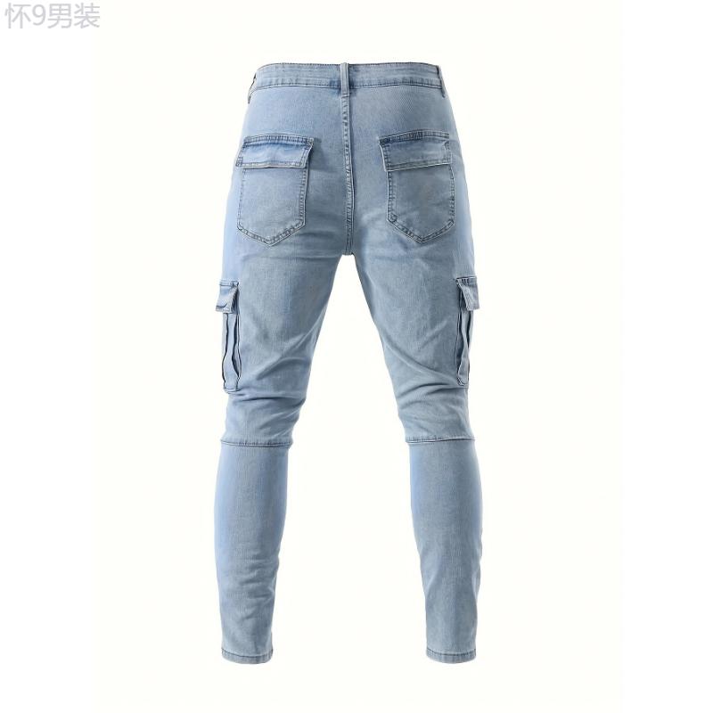 Men's Trendy Solid Cargo Denim Jeans With Side Pocket, Comfy Casual Slim Fit Trousers For Men's Outdoor Activities Menswear Spandex