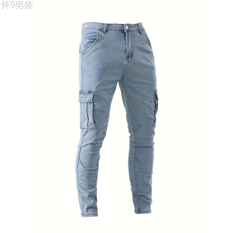 Men's Trendy Solid Cargo Denim Jeans With Side Pocket, Comfy Casual Slim Fit Trousers For Men's Outdoor Activities Menswear Spandex