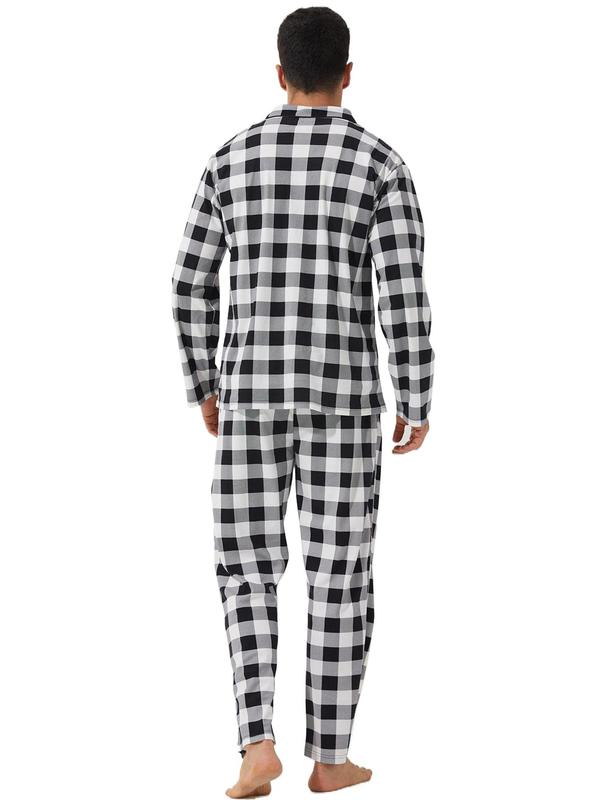 Men's Plaid Print Lapel Neck Pocket Lounge Shirt & Pants Lounge Set, Regular Fit Casual Comfy Long Sleeve Top & Trousers PJ Set, Men's Sleepwear for All Seasons