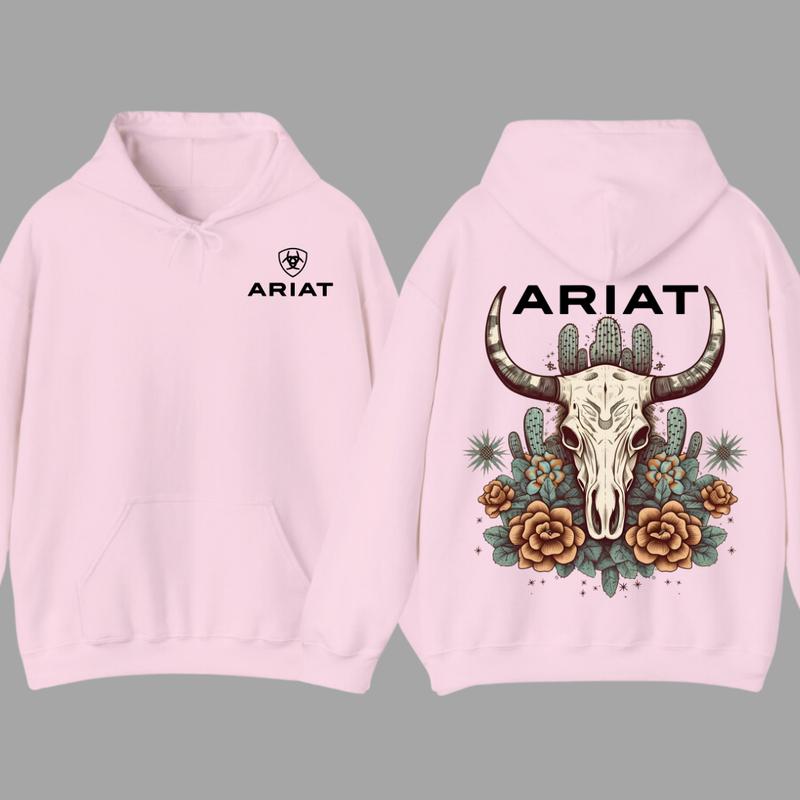 Ariat Hoodie - Bull Skull Design with Cactus Floral Patterns, Unisex Comfort for Outdoor Adventures & Classic Casual Style  Hoodie For Men, For Women