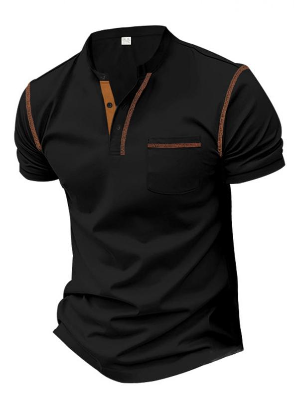 Men's Contrast Binding Short Sleeve Polo Shirt, Casual Regular Fit Button Front Polo Collar Shirt Top for All Seasons, Fashion Men's Clothes for Daily Wear