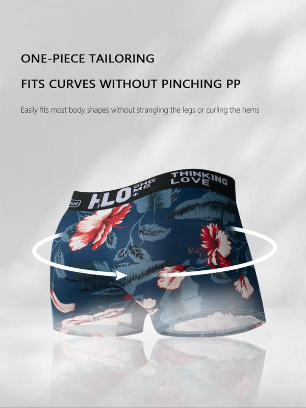 Men's Floral Print Letter Tape Boxer Brief, Breathable Comfy Underwear for Daily Wear, Casual Men's Underwear for All Seasons