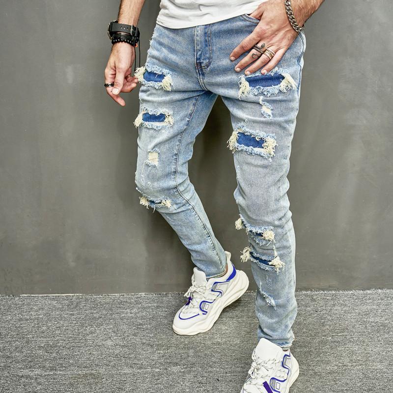 Men's Denim Jeans Street Stylish Men Holes Patch Skinny Pencil Jeans Pants Male Ripped Solid Slim Denim Trousers For Man Menswear Underwear Human Streetwear Pocket Beige Plain