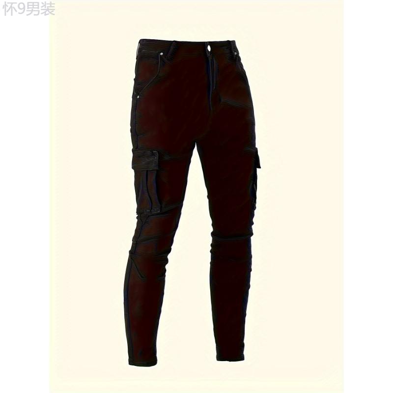 Men's Trendy Solid Cargo Denim Jeans With Side Pocket, Comfy Casual Slim Fit Trousers For Men's Outdoor Activities Menswear Spandex