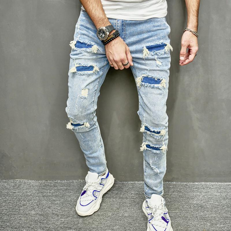 Men's Denim Jeans Street Stylish Men Holes Patch Skinny Pencil Jeans Pants Male Ripped Solid Slim Denim Trousers For Man Menswear Underwear Human Streetwear Pocket Beige Plain