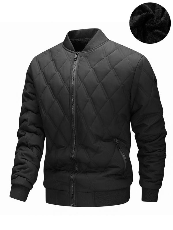 Men's Solid Color Quilted Zip Up Jacket, Loose Casual Long Sleeve Mock Neck Outerwear for Fall & Winter, Men's Clothes for Daily Wear