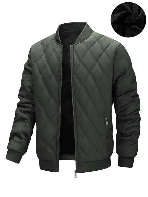 Men's Solid Color Quilted Zip Up Jacket, Loose Casual Long Sleeve Mock Neck Outerwear for Fall & Winter, Men's Clothes for Daily Wear