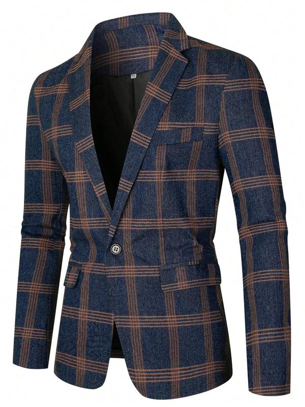 Men's Plaid Print Button Front Flap Pocket Blazer, Regular Fit Long Sleeve Lapel Neckline Suit Jacket for Business Formal Occasions, Designer Men's Clothes, Fashion Men's Clothing for Fall & Winter