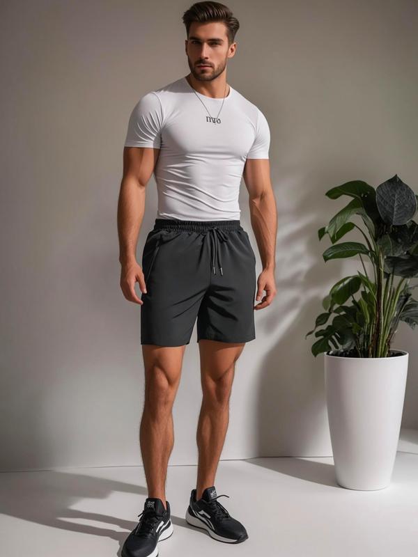 Men's Letter Print Drawstring Waist Back To School Shorts, Casual Streetwear Pocket Straight Leg Shorts, Men's Shorts, Men's Fitness Summer Bottoms for Gym Daily Wear, Summer Outfits 2024