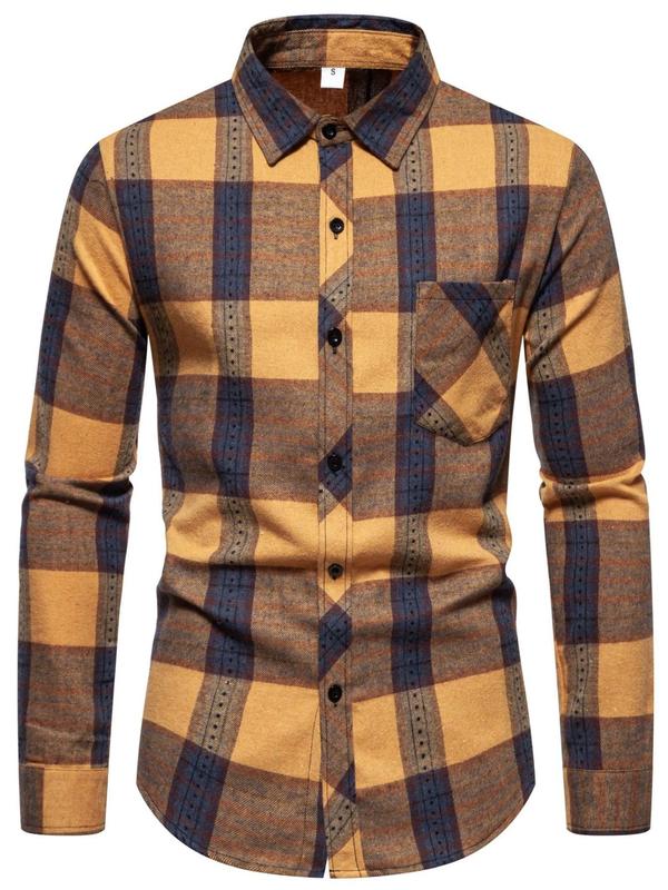 Men's Plaid Print Button Front Pocket Shirt, Regular Fit Casual Long Sleeve Collared Top for Fall & Winter, Men's Clothes for Daily Wear