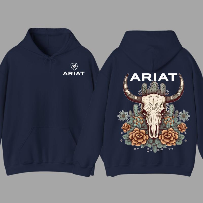 Ariat Hoodie - Bull Skull Design with Cactus Floral Patterns, Unisex Comfort for Outdoor Adventures & Classic Casual Style  Hoodie For Men, For Women