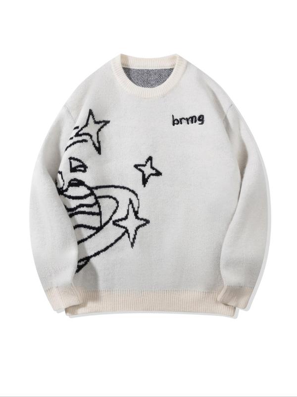 Unisex Men's Star & Planet Print Embroidery Drop Shoulder Sweater, Loose Casual Long Sleeve Round Neck Jumper for Spring & Fall, Fashion Men's Knitwear for Daily Wear