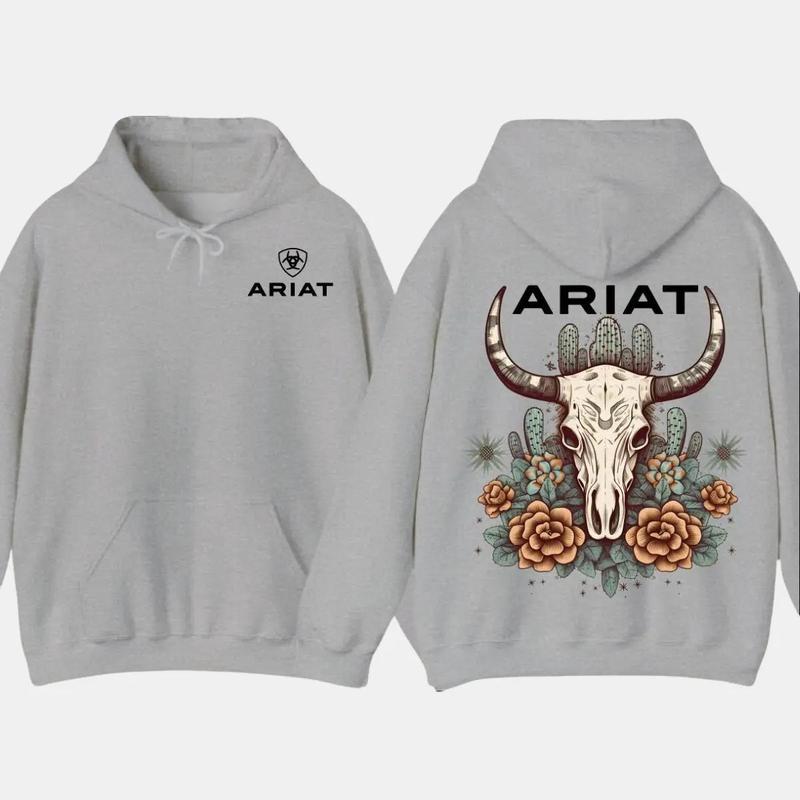 Ariat Hoodie - Bull Skull Design with Cactus Floral Patterns, Unisex Comfort for Outdoor Adventures & Classic Casual Style  Hoodie For Men, For Women