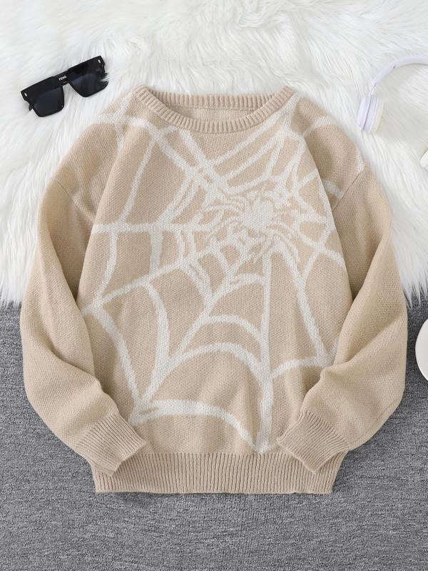 Men's Spider Web Pattern Round Neck Y2K Sweater, Fall Outfits 2024, Regular Fit Casual Drop Shoulder Long Sleeve Jumper for Spring & Fall, Fashion Men's Knitwear for Daily Wear, Fall Outfits