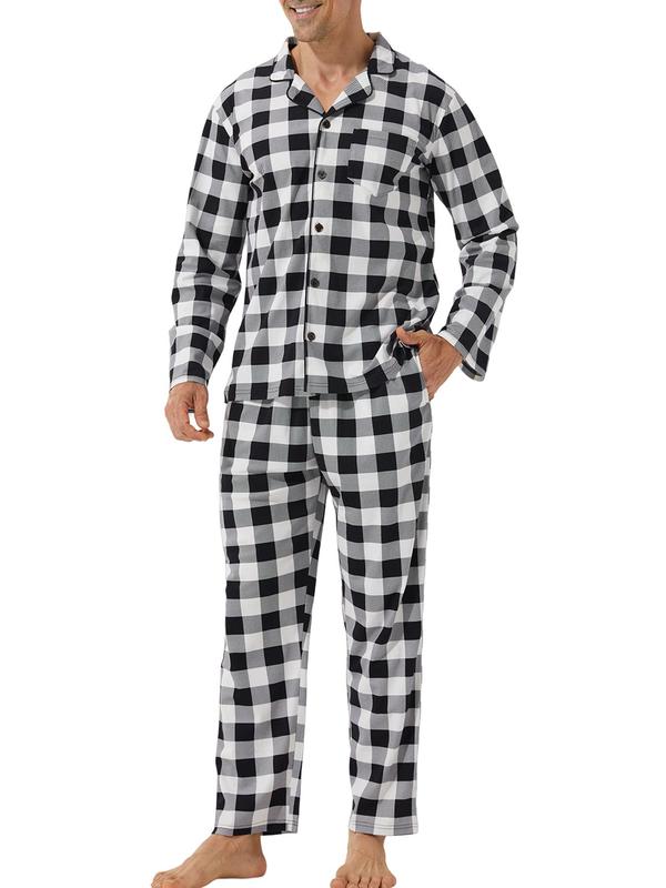 Men's Plaid Print Lapel Neck Pocket Lounge Shirt & Pants Lounge Set, Regular Fit Casual Comfy Long Sleeve Top & Trousers PJ Set, Men's Sleepwear for All Seasons