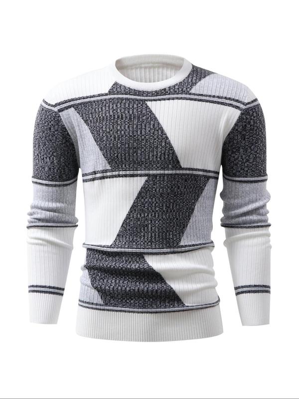 Men's Colorblock Geometric Print Drop Shoulder Sweater, Casual Regular Fit Long Sleeve Round Neck Jumper for Fall & Winter, Fashion Men's Knitwear for Daily Wear