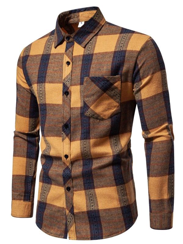 Men's Plaid Print Button Front Pocket Shirt, Regular Fit Casual Long Sleeve Collared Top for Fall & Winter, Men's Clothes for Daily Wear