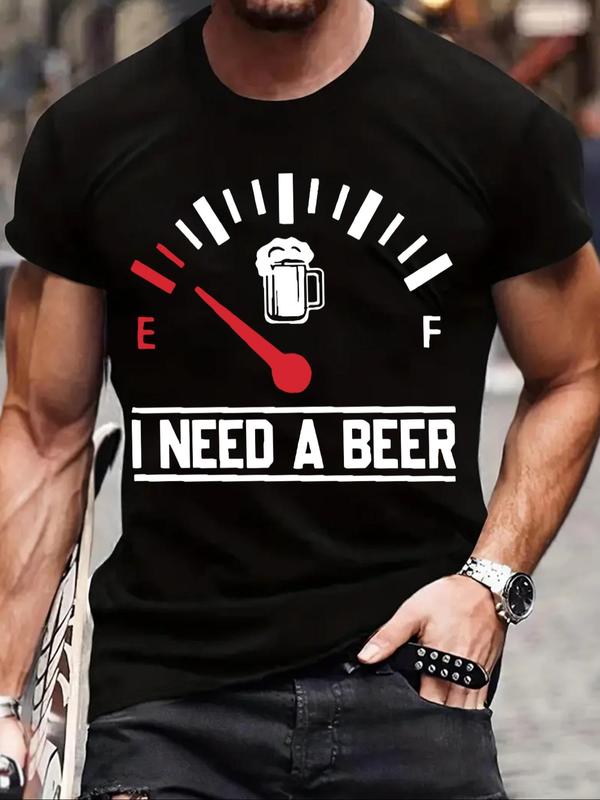 Men's Letter & Beer Print Round Neck Tee, Casual Short Sleeve T-shirt for Summer, Comfy Breathable Men's Top for Daily Wear