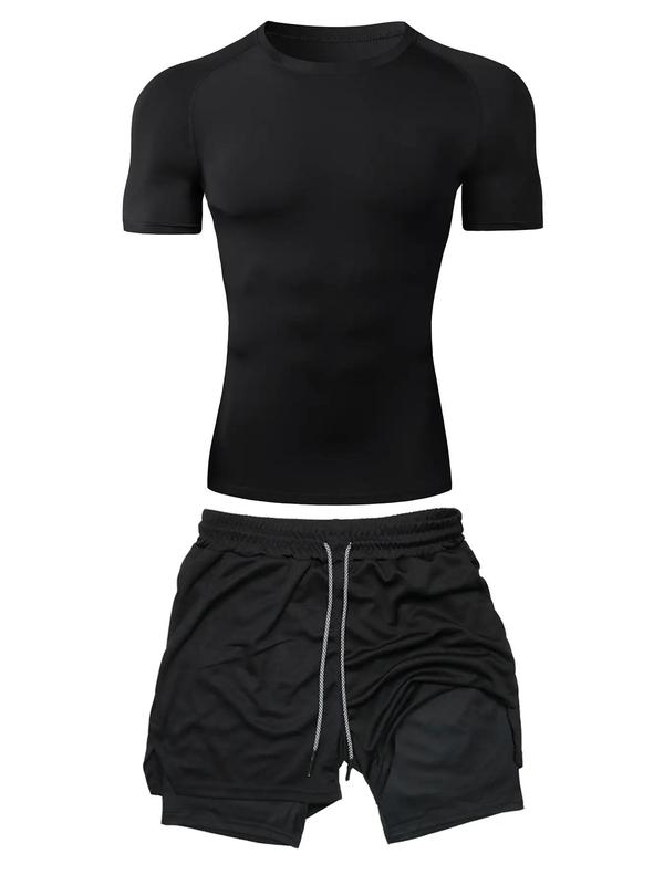 Two-piece Set Men's Wing Print Round Neck Tee & 2 in 1 Pocket Shorts Set, Sporty Shortsleeve T-shirt & Drawstring Track Shorts Suits, Menswear Two-piece Outfits for Summer