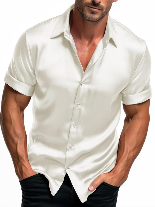 Men's Solid Color Button Front Shirt, Casual Slim Plain Shortsleeve Collared Shirt, Summer Clothes, Men's Clothing Outfits